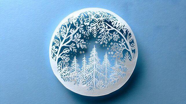 Blue background with a white paper plate with trees on it. The plate is cut out and has a wavy edge
