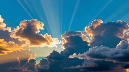 Sun rays shining through dramatic and fluffy clouds bright blue sky sunset with golden sunlight glow - Powered by Adobe