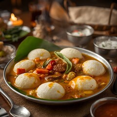 Soft idlis served in a bowl of rich, aromatic sambar with curry leaves and chili, accompanied by chutneys. Warm, rustic restaurant setting creates a cozy South Indian dining atmosphere.