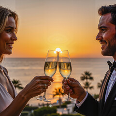 Couple toasting with champagne glasses at sunset near the ocean  
