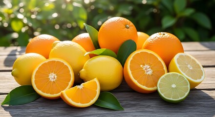 Fresh oranges lemons and limes with green leaves on wooden surface