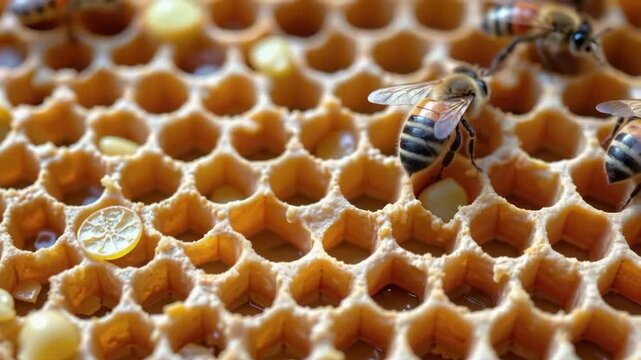 Honeybee insect working on honeycomb hexagon cells with golden honey, wax, and pollen close up view