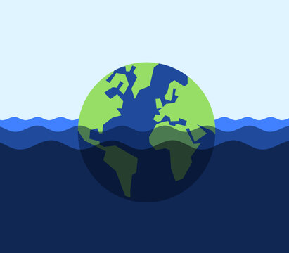 Sinking planet Earth because of sea level rise. Climate change, global warming and glaciers melting leading to flooding and rising water in ocean and sea level rise. Vector illustration.