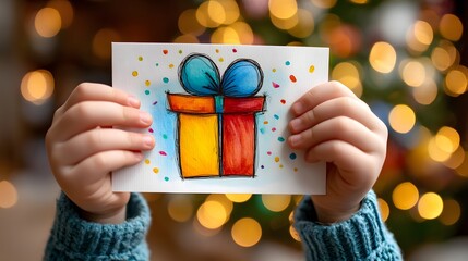 Child holding a drawing of a gift box. The drawing is colorful and festive, with a blue ribbon and a red and yellow box. The child is holding the drawing with both hands, and the image has a joyful