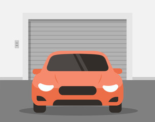 Red car in a garage in flat style. Indoor parking inside view. Vector stock