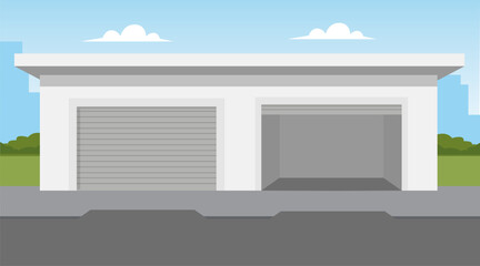 Closed and open garage doors in flat style. Car parking in city area. Vector stock