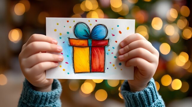 Child holding a drawing of a gift box. The drawing is colorful and festive, with a blue ribbon and a red and yellow box. The child is holding the drawing with both hands, and the image has a joyful - Powered by Adobe