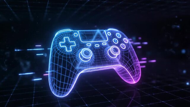 Neon holographic game controller rotating in futuristic digital space
