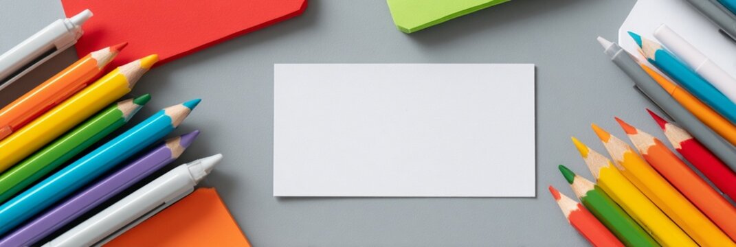 Colorful stationery items like markers, colored pencils, and blank cards spread out on a gray background, creating a vibrant workspace for creativity and artistic expression. - Powered by Adobe