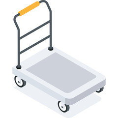 Isometric illustration of a simple white trolley with a yellow handle and four wheels on a transparent background