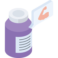 Isometric Illustration of a Purple Bottle Supplement with a Bicep Flex Icon in a Speech Bubble on a Transparent Background Promoting Muscle Growth and Strength