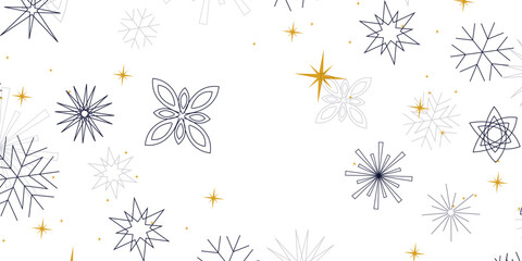 Minimal Golden blue seamless snowflakes transparent background. Winter Season Design Element for Festive Holiday Greeting, Seasonal Promotions, Or Elegant Themed Decorations. Vector illustration.	