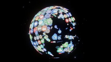 Globe of mobile app icons on black, representing communication and social media in digital world - Powered by Adobe
