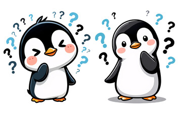 Obraz premium Two cute penguins wondering isolated on transparent background