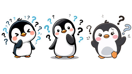 Naklejka premium Three confused cartoon penguins isolated on transparent background