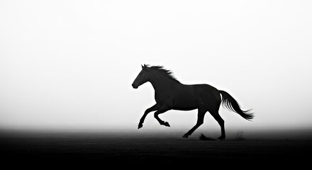 Naklejka premium Horse Silhouette in Foggy Mountain Glade Landscape Scene