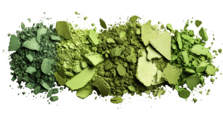 Crushed green eyeshadow pigments.  A close-up of fragmented green eyeshadow, in varying shades, scattered and overlapping