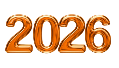 inflated reflective glassy orange inscription 2026 isolated on transparent background, png