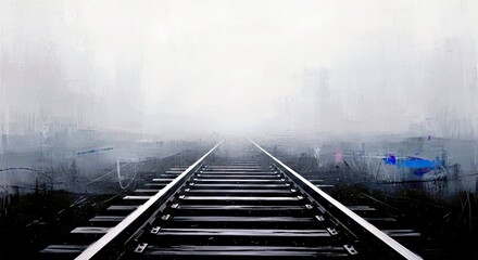 Misty Railway Tracks Disappearing Into a Foggy Horizon