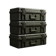 Stacked green industrial storage cases isolated on transparent background