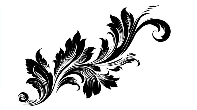 Elegant black scrollwork with swirling leaves on a white background.