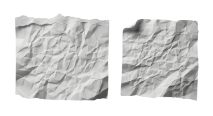 Two crumpled white paper sheets with torn edges and textured folds isolated on a transparent background