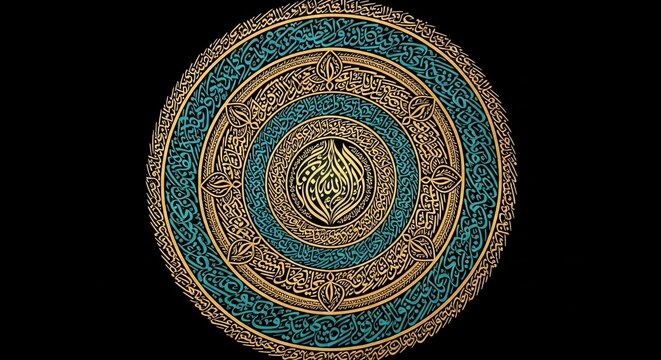 Circular islamic art with intricate patterns and turquoise and gold hues