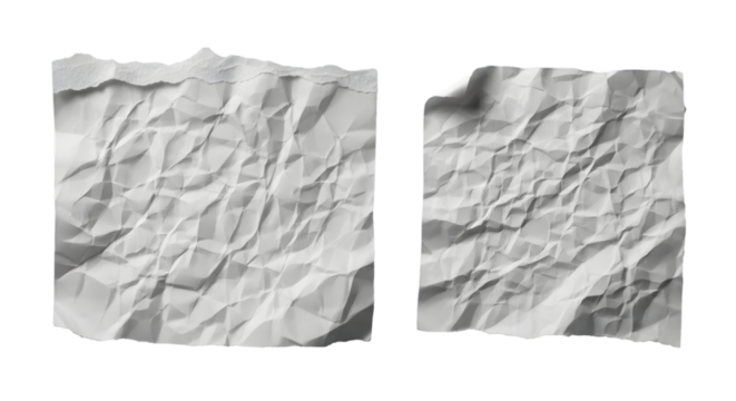 Two crumpled white paper sheets with torn edges and textured folds isolated on a transparent background