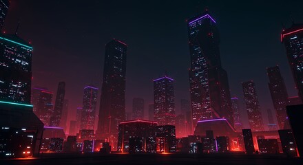 Futuristic Night City Skyline with Neon Lights Tall Skyscrapers Modern Architecture