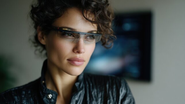 Editorial shot of a woman wearing smart glasses, in a futuristic, technological office environment. The image is realistic and cinematic.
