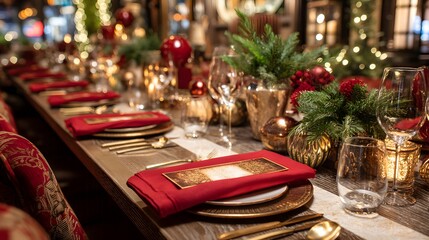 Table with a red tablecloth and a red napkin with a gold border. The table is set for a fancy dinner party with a Christmas theme. There are many wine glasses, forks, knives, and spoons on the table