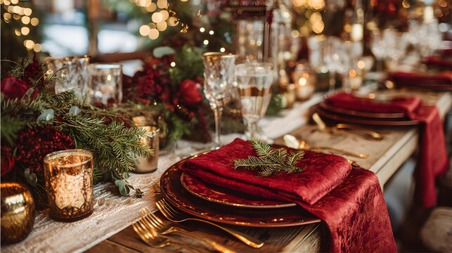 Table with a red tablecloth and a white table runner. The table is set with silverware, wine glasses, and a vase of flowers - Powered by Adobe