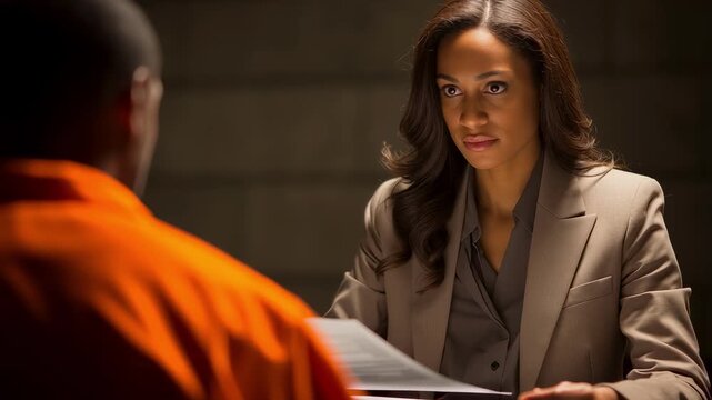 Focused female legal counsel interviews her male client in a prison visitation room