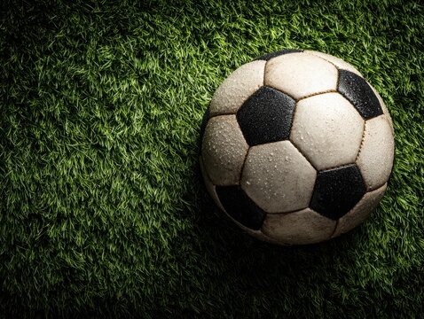 Soccer ball resting on artificial grass in bright sunlight  