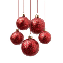 Five shimmering red holiday ornaments hang suspended against a dark background