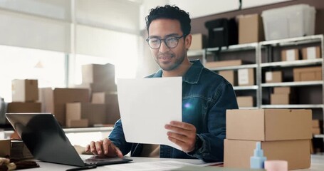 Ecommerce, laptop or man in office with paper, delivery or inspection report in supply chain. Logistics, audit or seller in agency with tech, customs paperwork or package control in distribution.