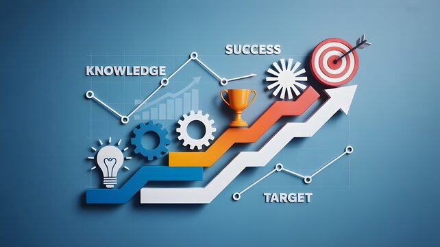 Knowledge skill success target infographic design, business strategy growth concept with arrow steps and icons for achievement - Powered by Adobe