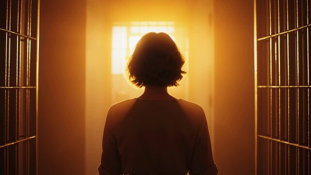 Female prisoner's silhouette stands before an open cell door symbolizing hope and freedom