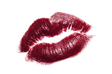 A deep maroon kiss mark on black