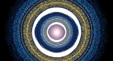 Abstract circular design with blue, gold, and white rings on black backdrop