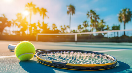 A tennis racket and tennis ball lie on a tennis court against a backdrop of palm trees and a sunny sky