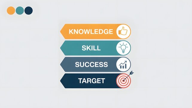 Knowledge skill success target infographic design, business strategy growth concept with arrow steps and icons for achievement