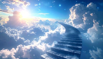 Stairway ascends through fluffy clouds to a bright, sunny sky dotted with celestial sparkles in a serene atmosphere