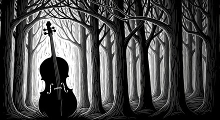 Mysterious Forest Silhouettes with Hidden Cello Design B&W Art