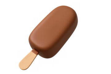 Chocolate popsicle with a smooth brown coating and a wooden stick, sweet frozen dessert, 3d illustration with transparent background