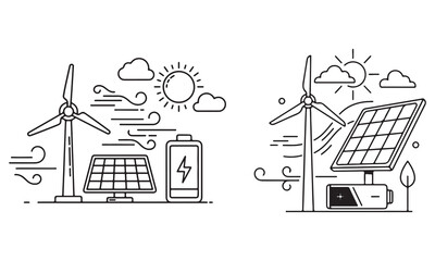 Fototapeta premium Solar Panel Systems, Wind Turbine Graphics, and Eco-Friendly Energy Storage Vector Set