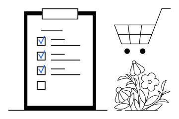 Checklist with marked tasks, shopping cart, and blooming flowers symbolize efficiency, sustainable shopping, and eco-conscious choices. Ideal for productivity, organization, shopping, environment