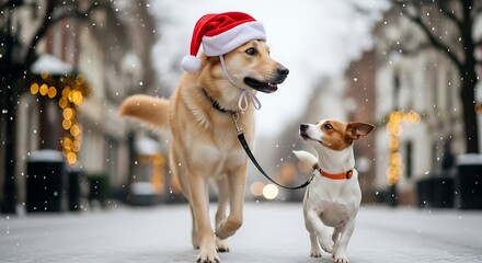 Festive Dogs Enjoying a Snowy Winter Walk in the City.