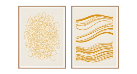 Two framed abstract art prints with yellow line drawings on cream backgrounds isolated on a transparent background