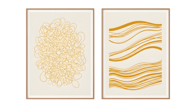 Two framed abstract art prints with yellow line drawings on cream backgrounds isolated on a transparent background